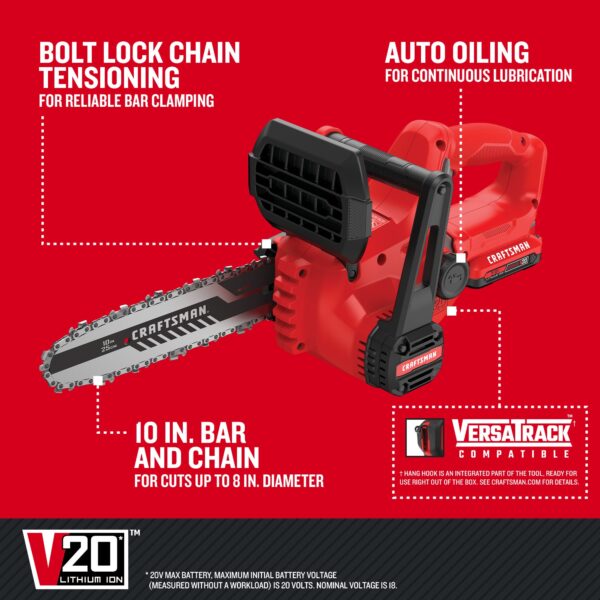 CRAFTSMAN V20 20-volt Max 10-in Battery 2 Ah Chainsaw (Battery and Charger Included) - Image 4
