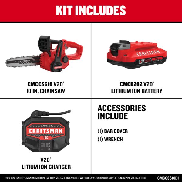 CRAFTSMAN V20 20-volt Max 10-in Battery 2 Ah Chainsaw (Battery and Charger Included) - Image 3