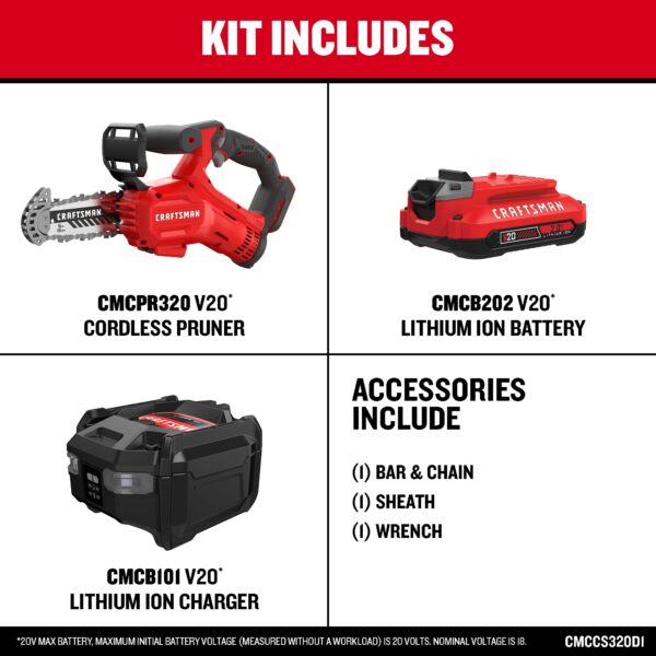 CRAFTSMAN V20 20-volt Max 6-in Battery 2 Ah Chainsaw (Battery and Charger Included) - Image 3