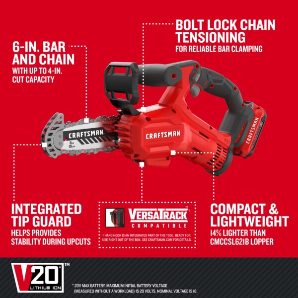 CRAFTSMAN V20 20-volt Max 6-in Battery 2 Ah Chainsaw (Battery and Charger Included) - Image 4