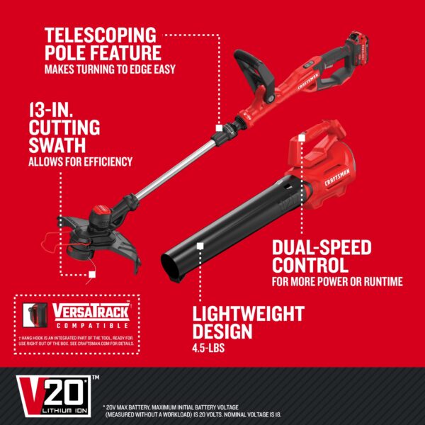 CRAFTSMAN V20 20-volt Max Cordless Battery String Trimmer and Leaf Blower Combo Kit 2 Ah (Battery & Charger Included) - Image 4