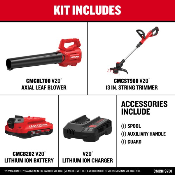 CRAFTSMAN V20 20-volt Max Cordless Battery String Trimmer and Leaf Blower Combo Kit 2 Ah (Battery & Charger Included) - Image 3