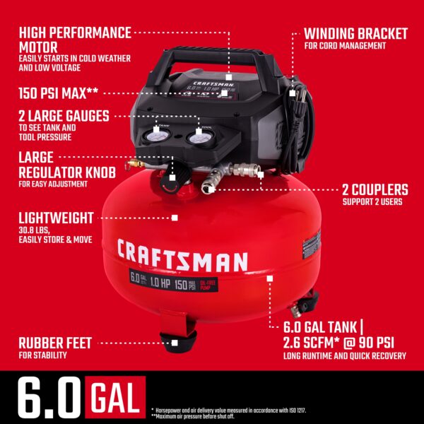 CRAFTSMAN 6-Gallon Portable Electric 150 PSI Pancake Air Compressor - Image 2