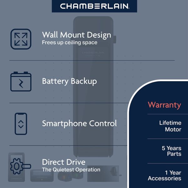 Chamberlain myQ Wall Mount Smart Compatible Direct drive Garage Door Opener Wi-Fi Compatibility and Battery Back-Up LED Light - Image 2