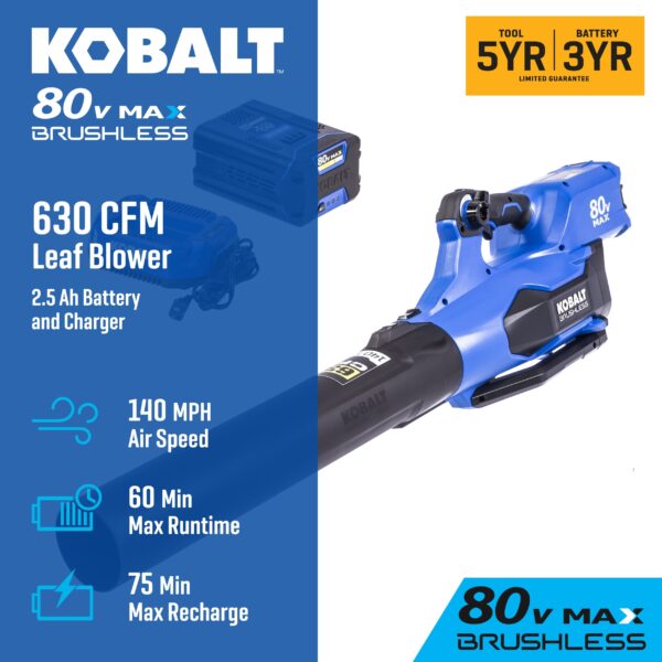 Kobalt 80-volt 630-CFM 140-MPH Battery Handheld Leaf Blower 2.5 Ah (Battery and Charger Included) - Image 2