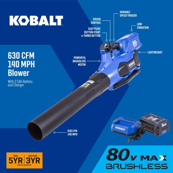 Kobalt 80-volt 630-CFM 140-MPH Battery Handheld Leaf Blower 2.5 Ah (Battery and Charger Included) - Image 8