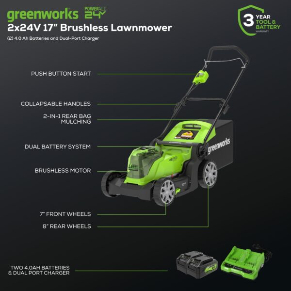 Greenworks 48-volt , ( 2 ) 4 Ah 17-in Push Battery Walk Mower ,Bagger Included - Image 3