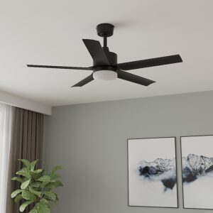 Harbor Breeze Reidsport 44-Inches Matte Black with Matte Black Blades Color-Changing Integrated LED Fixture Indoor/Outdoor Downrod or flush mount Standard Ceiling Fan With Light and Remote ( 5 -Blade)