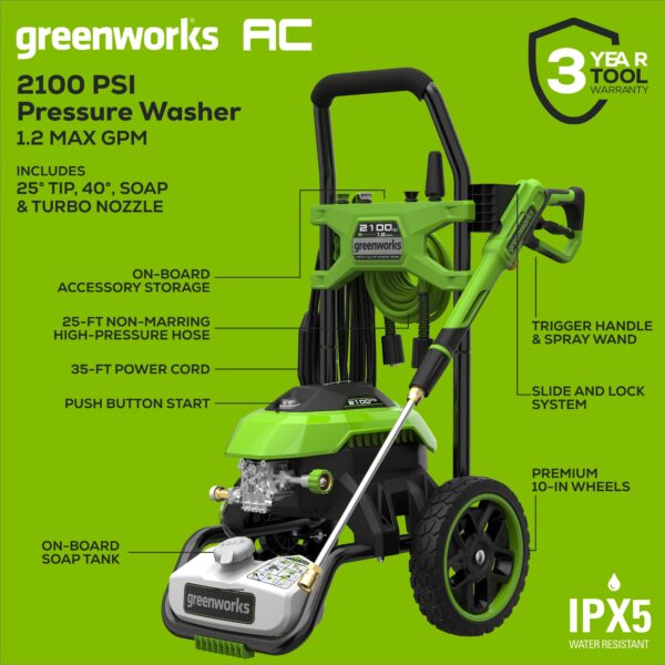 Greenworks 2100 PSI 1.2-GPM Cold Water Electric Pressure Washer with 4 Spray Tips - Image 4