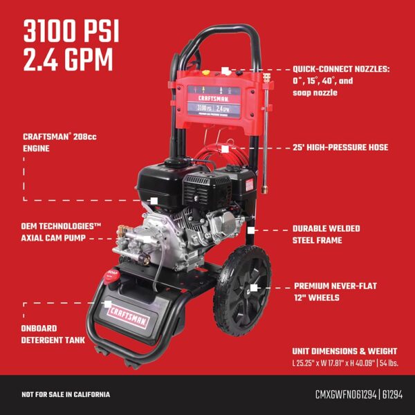 CRAFTSMAN Craftsman (49-State) 3100 PSI 2.4-GPM Cold Water Gas Pressure Washer with 4 Spray Tips - Image 4