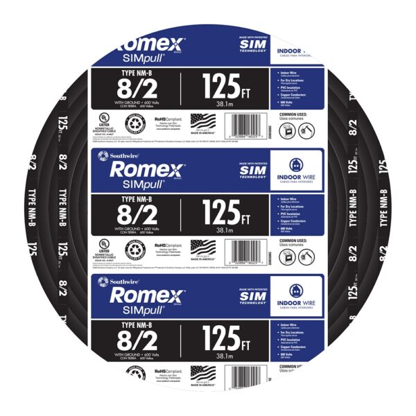 Southwire 125-Feet 8 / 2 / Romex SIMpull Stranded Indoor CU NM-B W/G Individual pack ( By-the-roll )