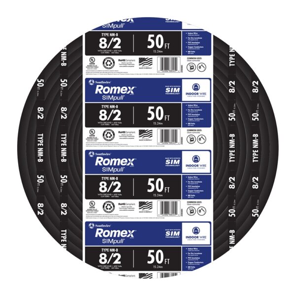 Southwire 50-Feet 8 / 2 / Romex SIMpull Stranded Indoor CU NM-B W/G Individual pack ( By-the-roll )