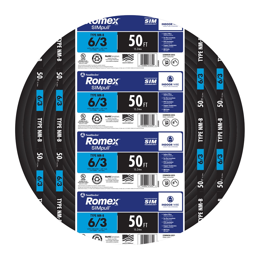 Southwire 50-Feet 6 / 3 / Romex SIMpull Stranded Indoor CU NM-B W/G Individual pack ( By-the-roll )