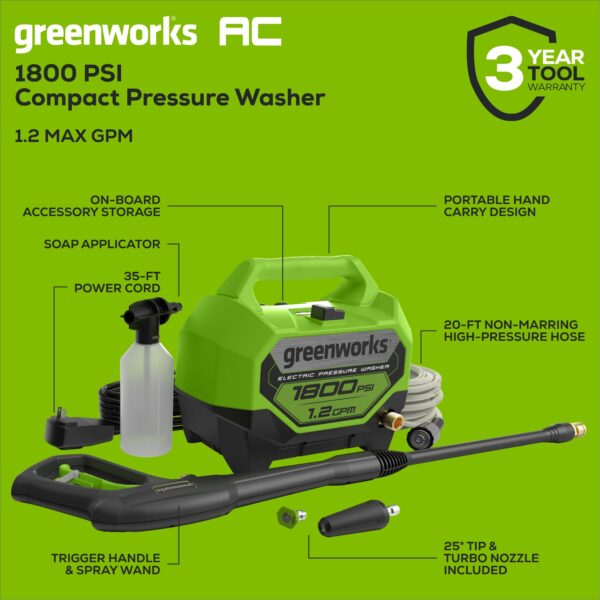 Greenworks 1800 PSI 1.2-GPM Cold Water Electric Pressure Washer with 2 Spray Tips - Image 4
