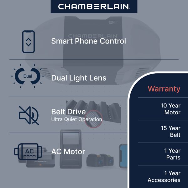 Chamberlain 1/2 HP myQ Smart Compatible Belt drive Garage Door Opener Wi-Fi Compatibility - Image 2