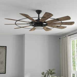 Harbor Breeze Henderson 60-Inches Matte Black with Rustic Weathered Oak Blades Integrated LED Fixture Indoor Downrod mount Windmill Ceiling Fan With Light and Remote ( 10 -Blade)