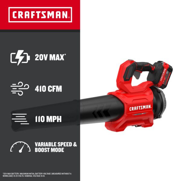 CRAFTSMAN V20 Brushless RP 20-volt Max 410-CFM 110-MPH Battery Handheld Leaf Blower 5 Ah (Battery and Charger Included) - Image 2