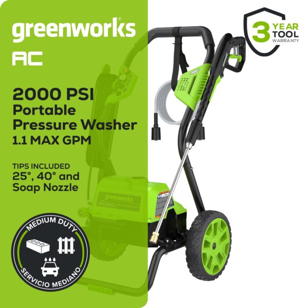 Greenworks 2000 PSI 1.1-GPM Cold Water Electric Pressure Washer with 3 Spray Tips - Image 3