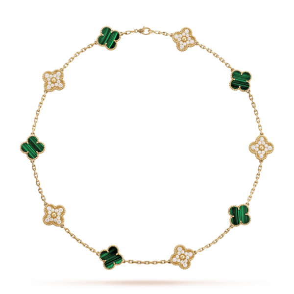 Toxse Vintage Alhambra Malachite Diamonds 10 Motifs Necklace