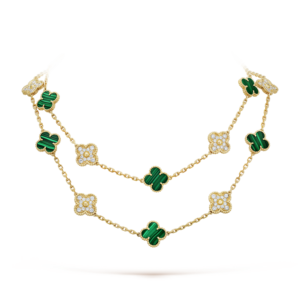 Toxse Vintage Alhambra Malachite Diamonds 20 Motifs Long Clover Necklace