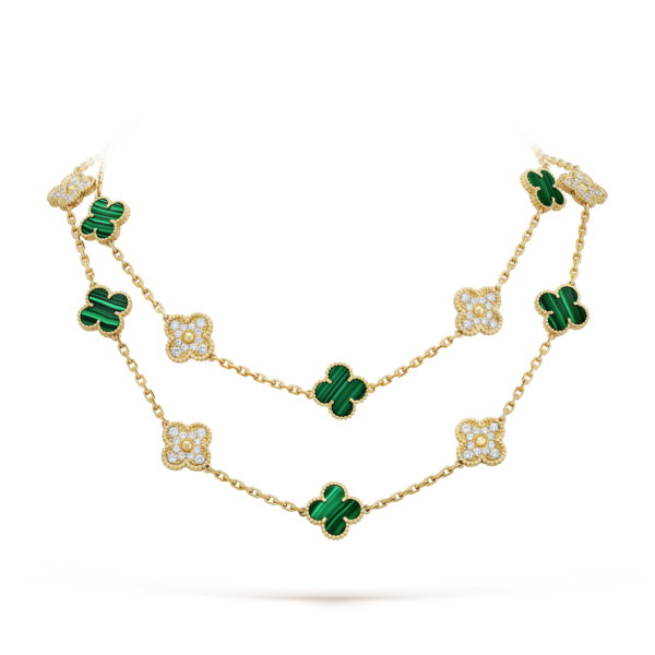 Toxse Vintage Alhambra Malachite Diamonds 20 Motifs Long Clover Necklace
