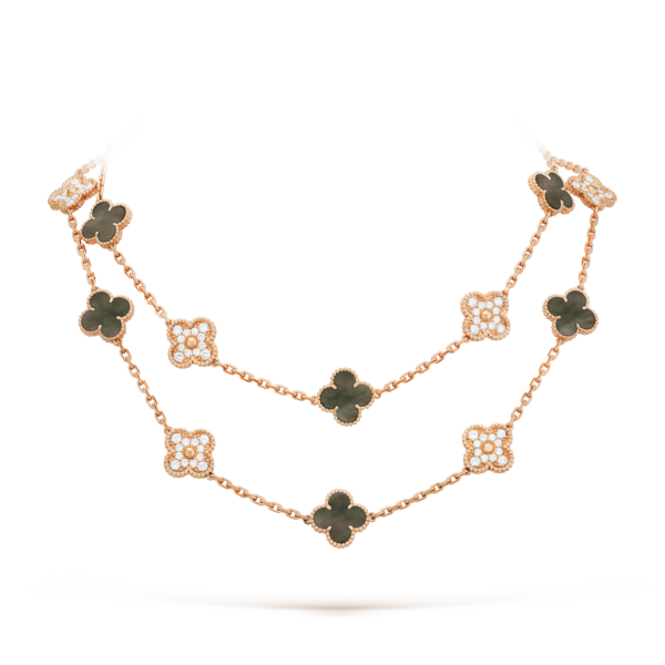 Toxse Vintage Alhambra Onyx And Diamond 20 Motifs Necklace