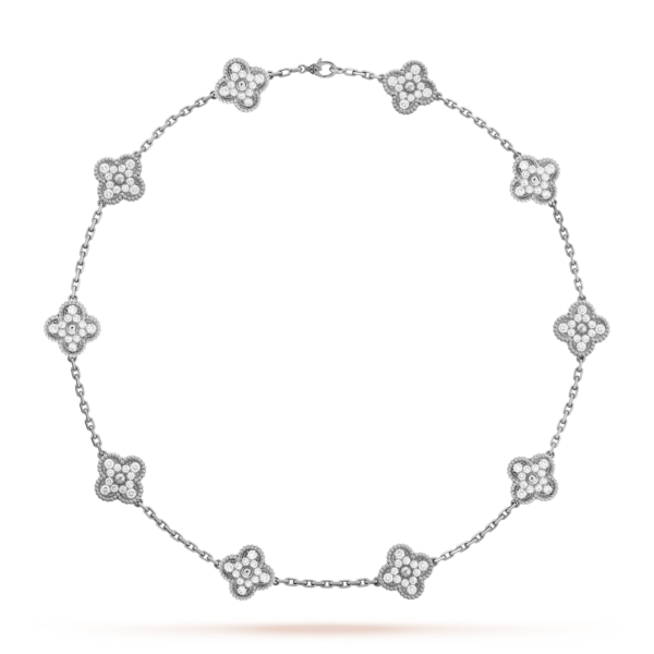 Toxse Vintage Alhambra White Gold Diamonds 10 Motifs Necklace