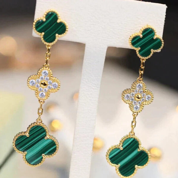 Toxse Clover Earrings Gold Malachite Diamond 3 Motifs - Image 3