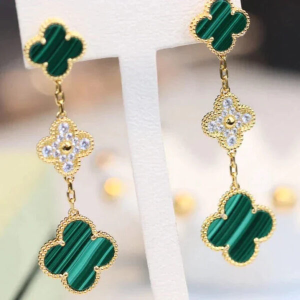 Toxse Clover Earrings Gold Malachite Diamond 3 Motifs - Image 10