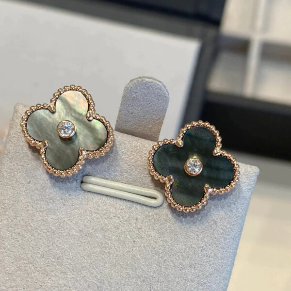 Toxse Clover Black Mop Pink Gold Diamond Earrings - Image 2