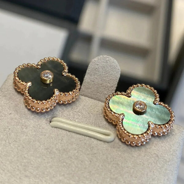 Toxse Clover Black Mop Pink Gold Diamond Earrings - Image 3