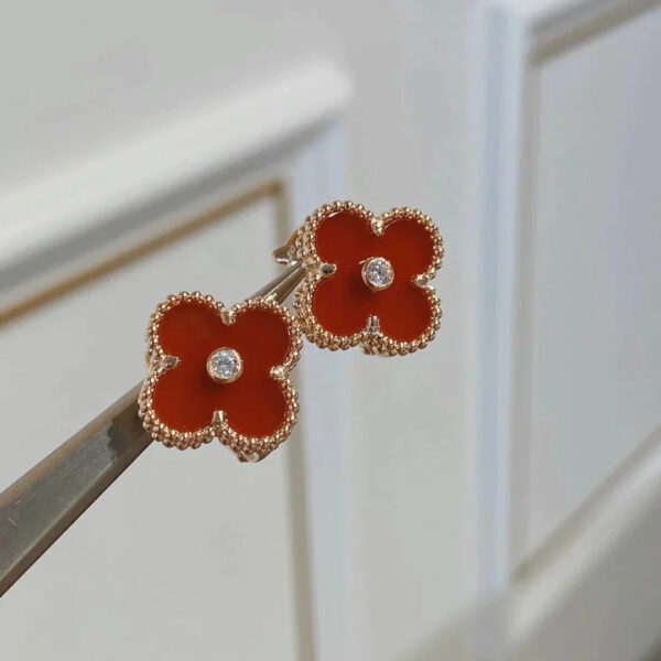 Toxse Clover Carnelian Pink Gold Diamond Earrings - Image 2