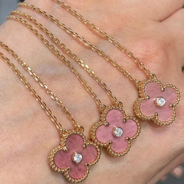 Toxse Clover Rhodonite 1 Diamond Pink Gold Necklace - Image 2