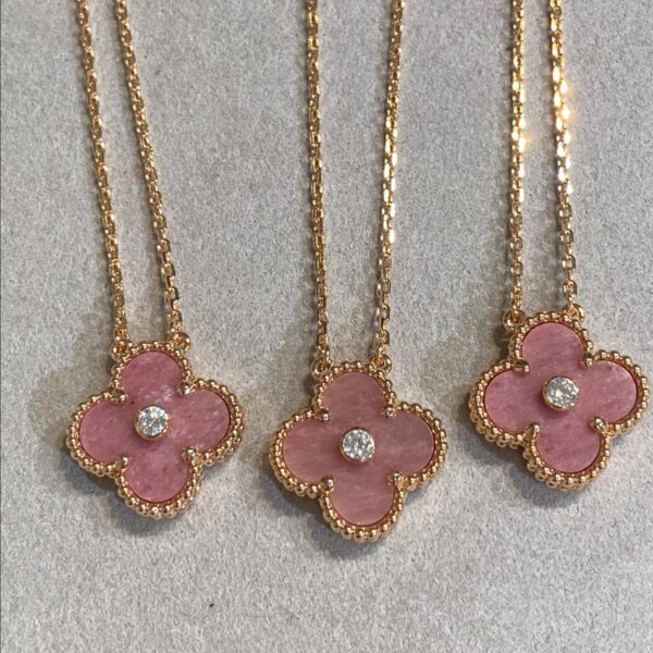 Toxse Clover Rhodonite 1 Diamond Pink Gold Necklace - Image 6