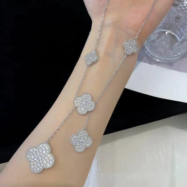 Toxse Clover 5 Motifs Silver Diamonds Necklace - Image 10