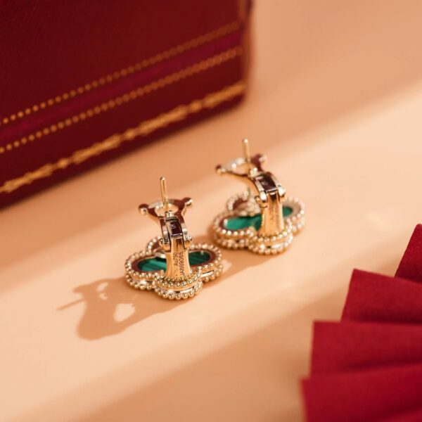 Toxse Clover Medium Malachite Pink Gold Earrings - Image 9