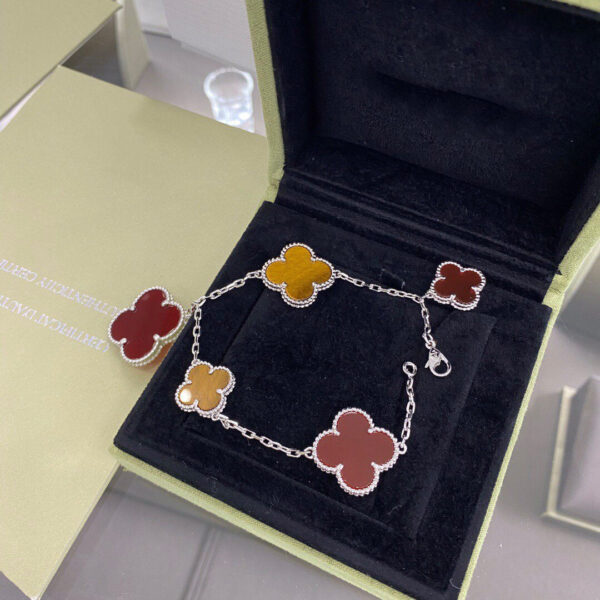 Toxse Clover 5 Motifs Silver Carnelian Tiger Eye Bracelet - Image 4