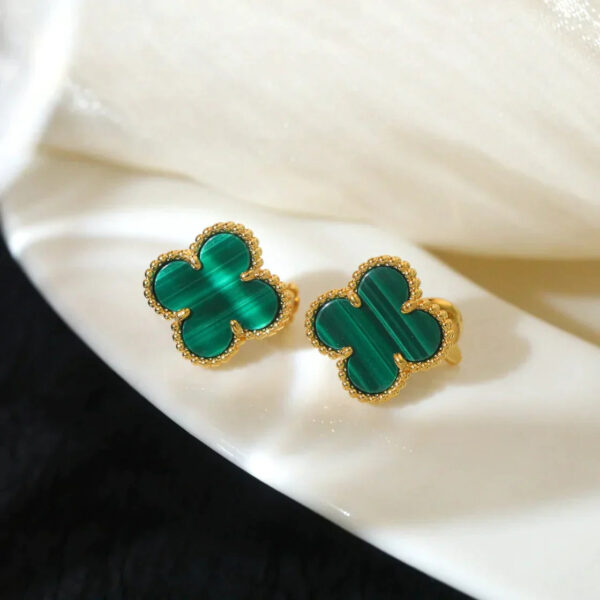Toxse Clover Medium Gold Malachite Stud Earrings - Image 3