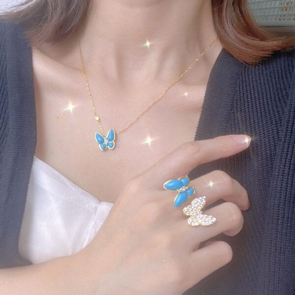 Toxse Two Butterfly Pendant With Diamond & Turquoise Necklace - Image 2