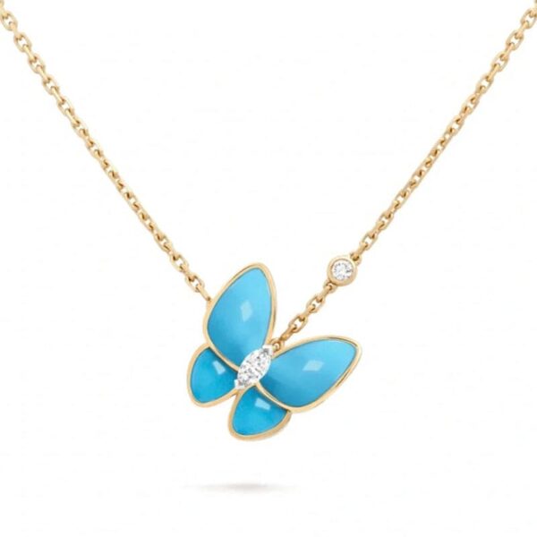 Toxse Two Butterfly Pendant With Diamond & Turquoise Necklace