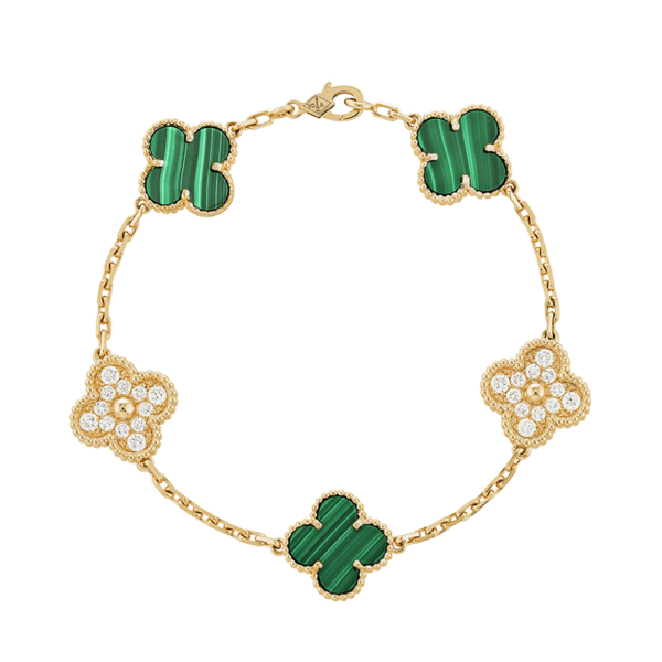 Toxse Vintage Alhambra Five Motifs Malachite Diamonds Clover Bracelet