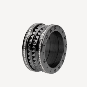 Toxse Zero 1 Rock Four-Band Black Ceramic With Studded Spiral And Paved Diamonds Ring