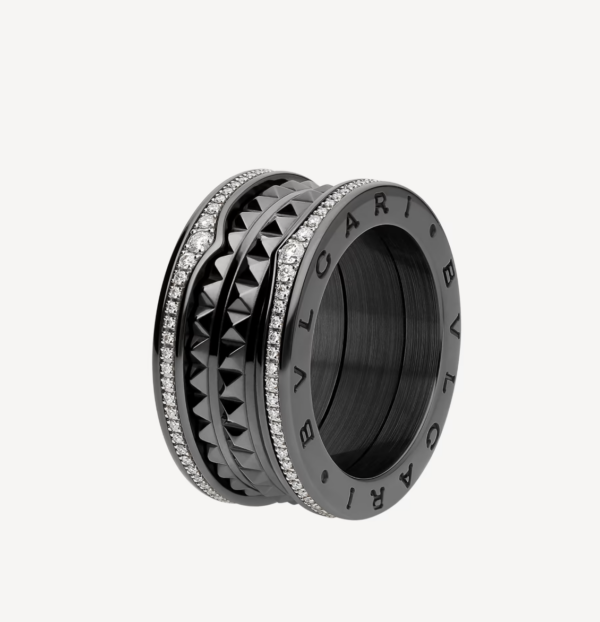 Toxse Zero 1 Rock Four-Band Black Ceramic With Studded Spiral And Paved Diamonds Ring