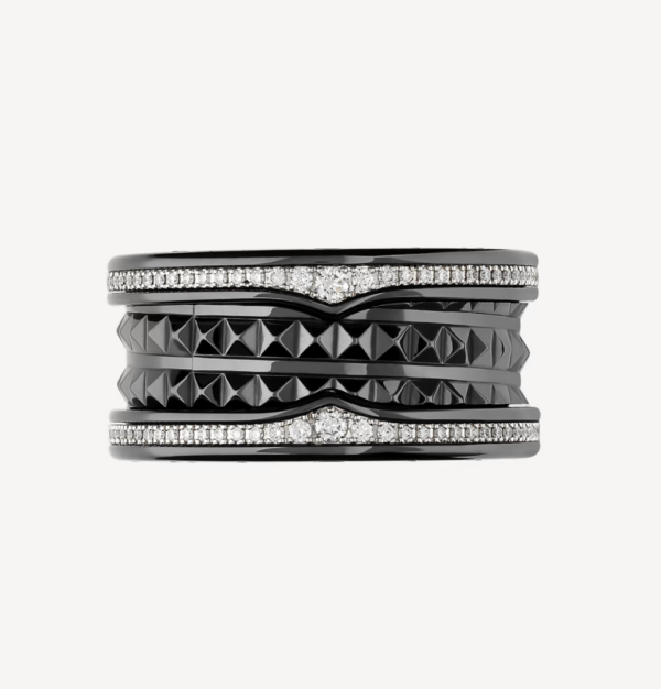 Toxse Zero 1 Rock Four-Band Black Ceramic With Studded Spiral And Paved Diamonds Ring - Image 3