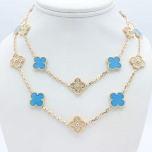 Toxse Vintage Alhambra Turquoise Diamond 20 Motifs Long Necklace