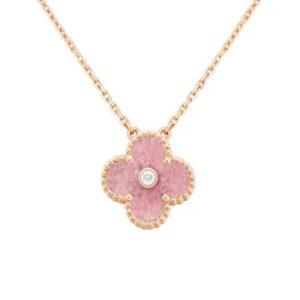 Toxse Clover Rhodonite 1 Diamond Pink Gold Necklace