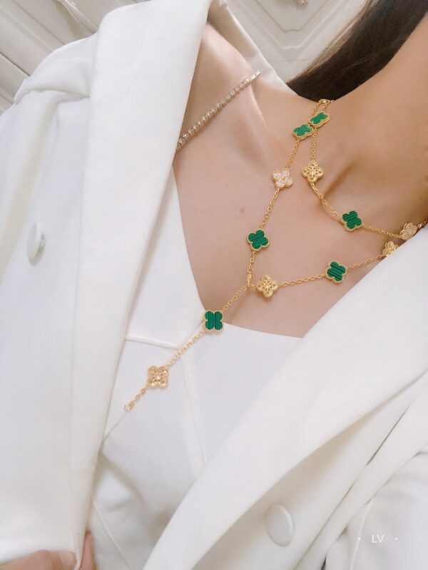 Toxse Vintage Alhambra Malachite Diamonds 20 Motifs Long Clover Necklace - Image 3