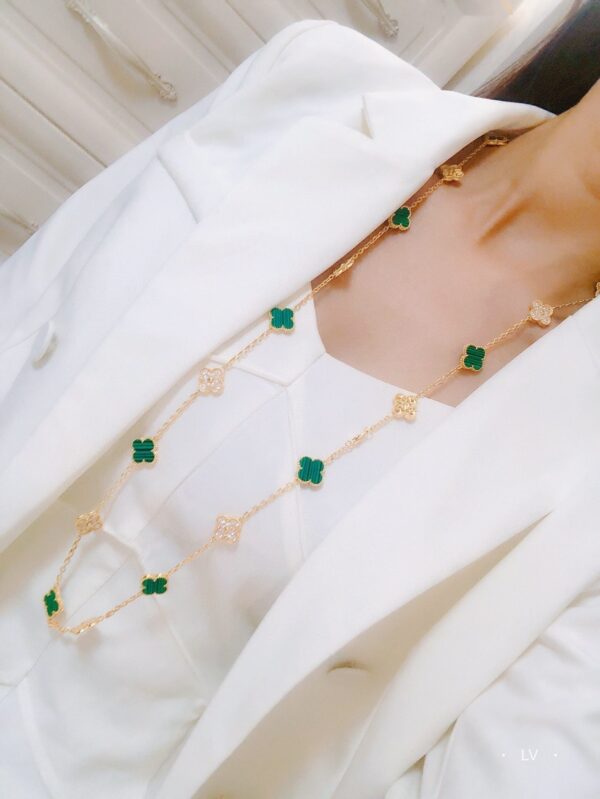 Toxse Vintage Alhambra Malachite Diamonds 20 Motifs Long Clover Necklace - Image 5