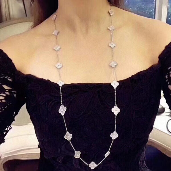 Toxse Vintage Alhambra White Gold Diamond 20 Motifs Long Necklace - Image 3