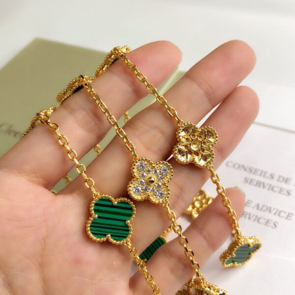 Toxse Vintage Alhambra Malachite Diamonds 20 Motifs Long Clover Necklace - Image 4
